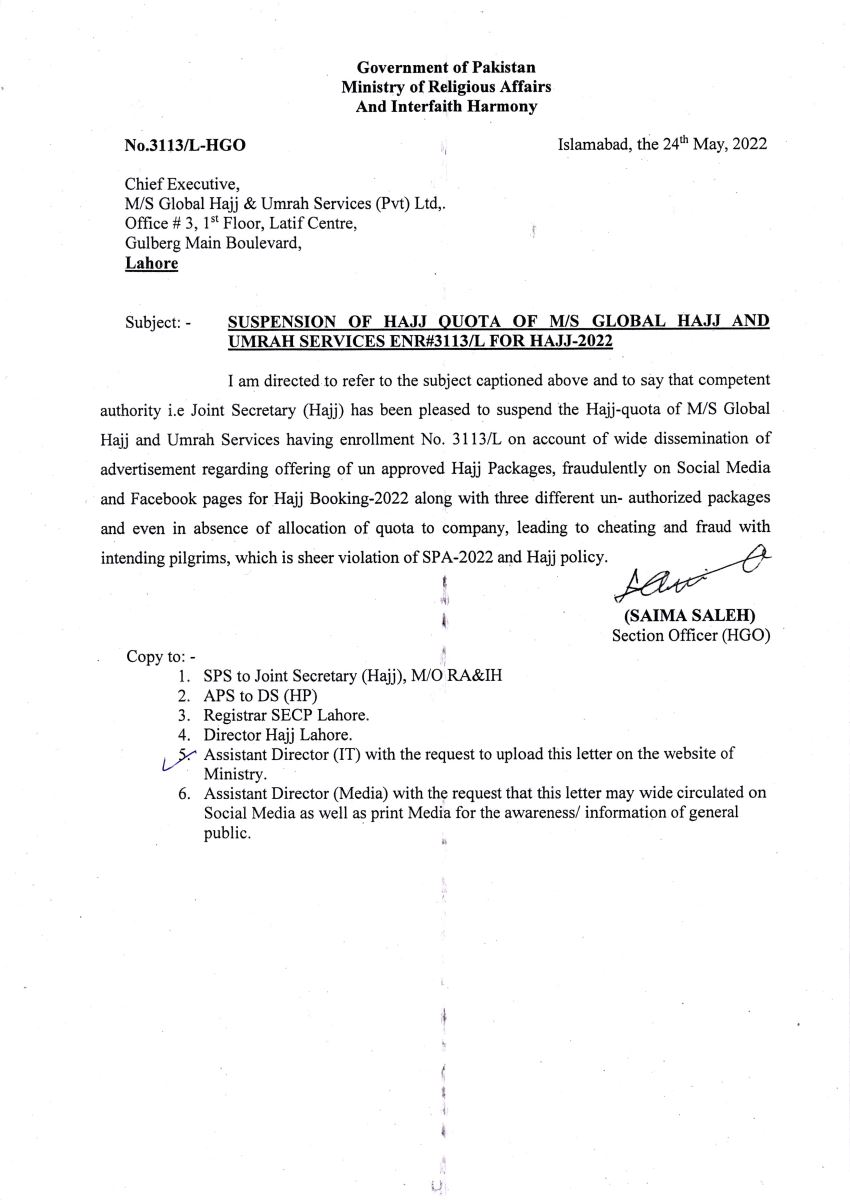 Suspension of Hajj Quota of M/S Global Hajj and Umrah Services Enr # 3113/L for Hajj-2022