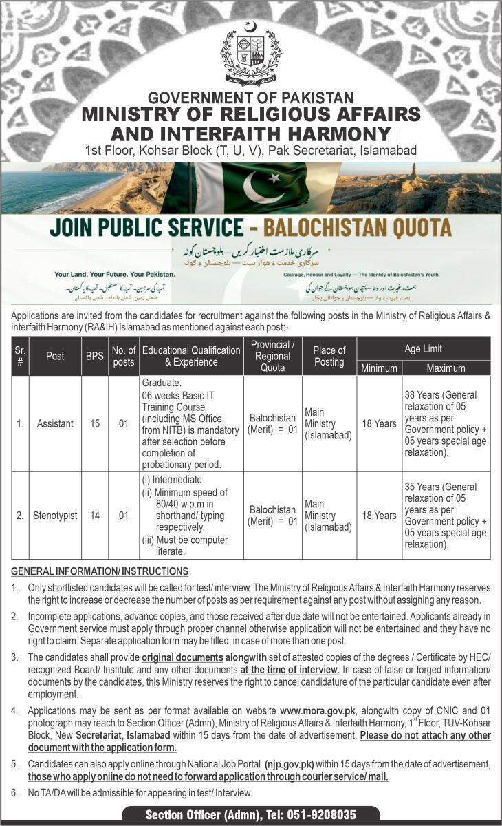 Original English advertisement for Balochistan vacancies